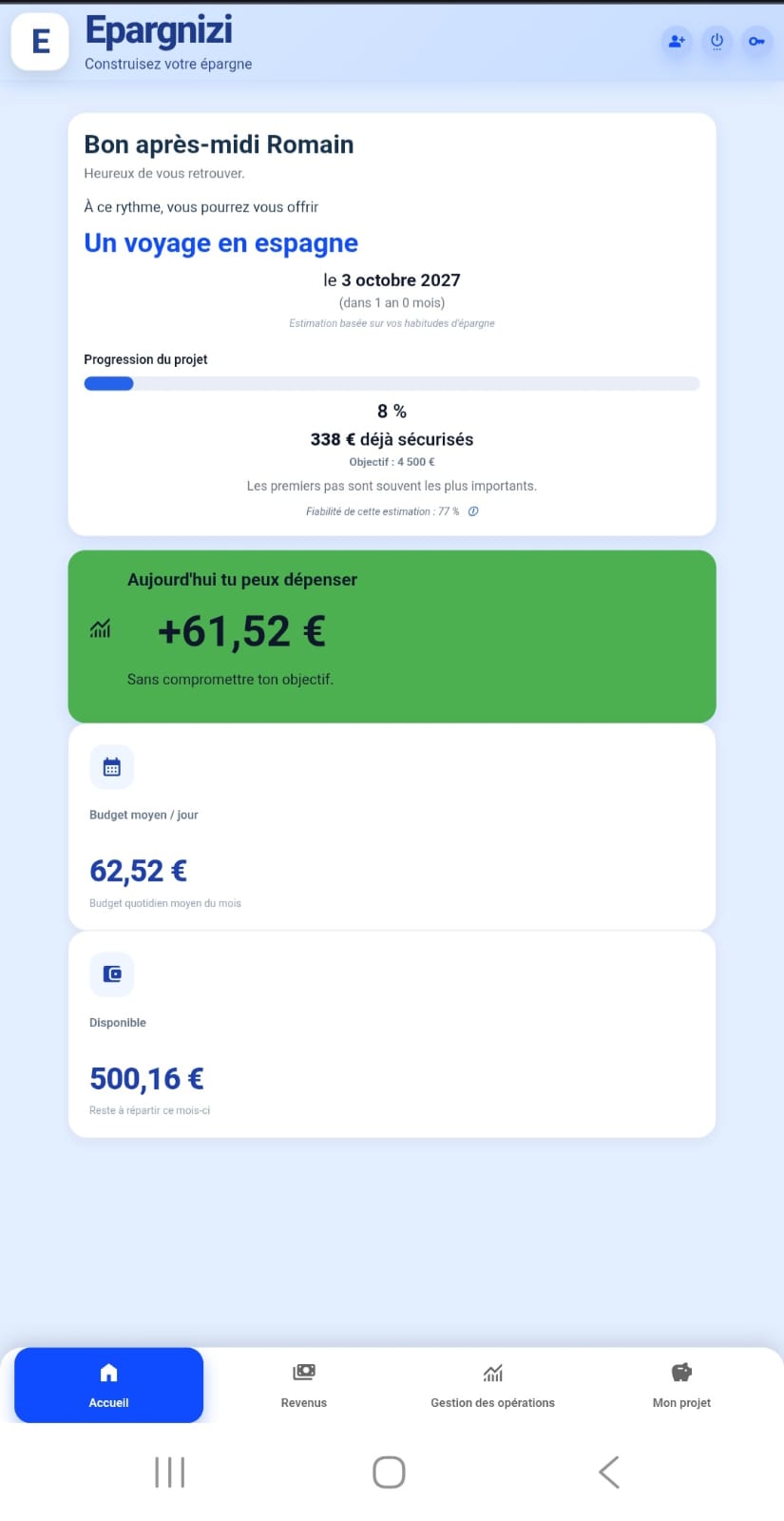 Écran Accueil de l'application Epargnizi