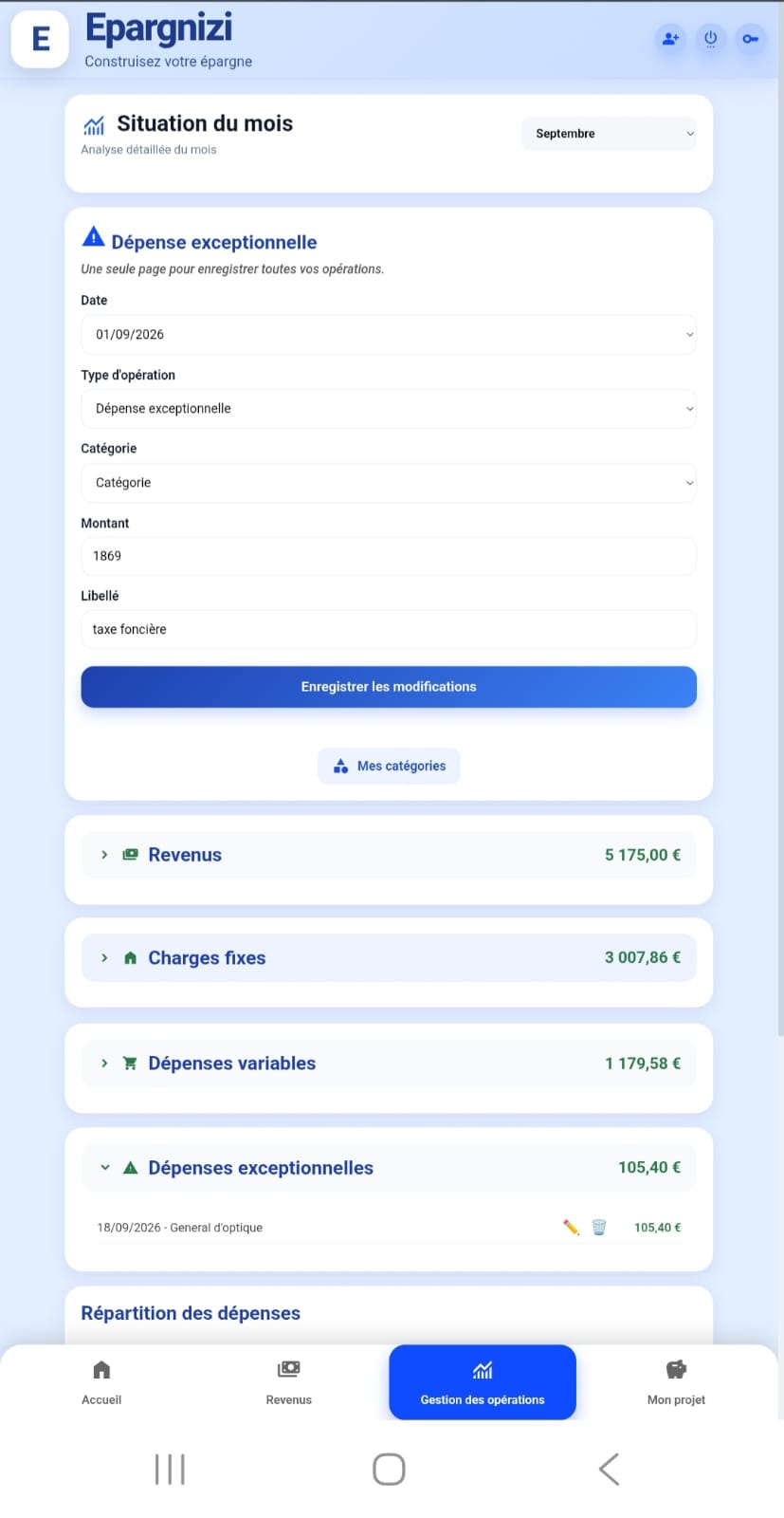 Écran Gestion des opérations de l'application Epargnizi
