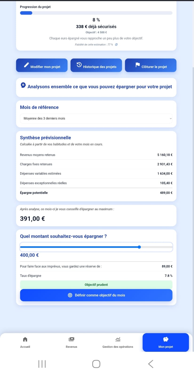 Écran Mon projet de l'application Epargnizi